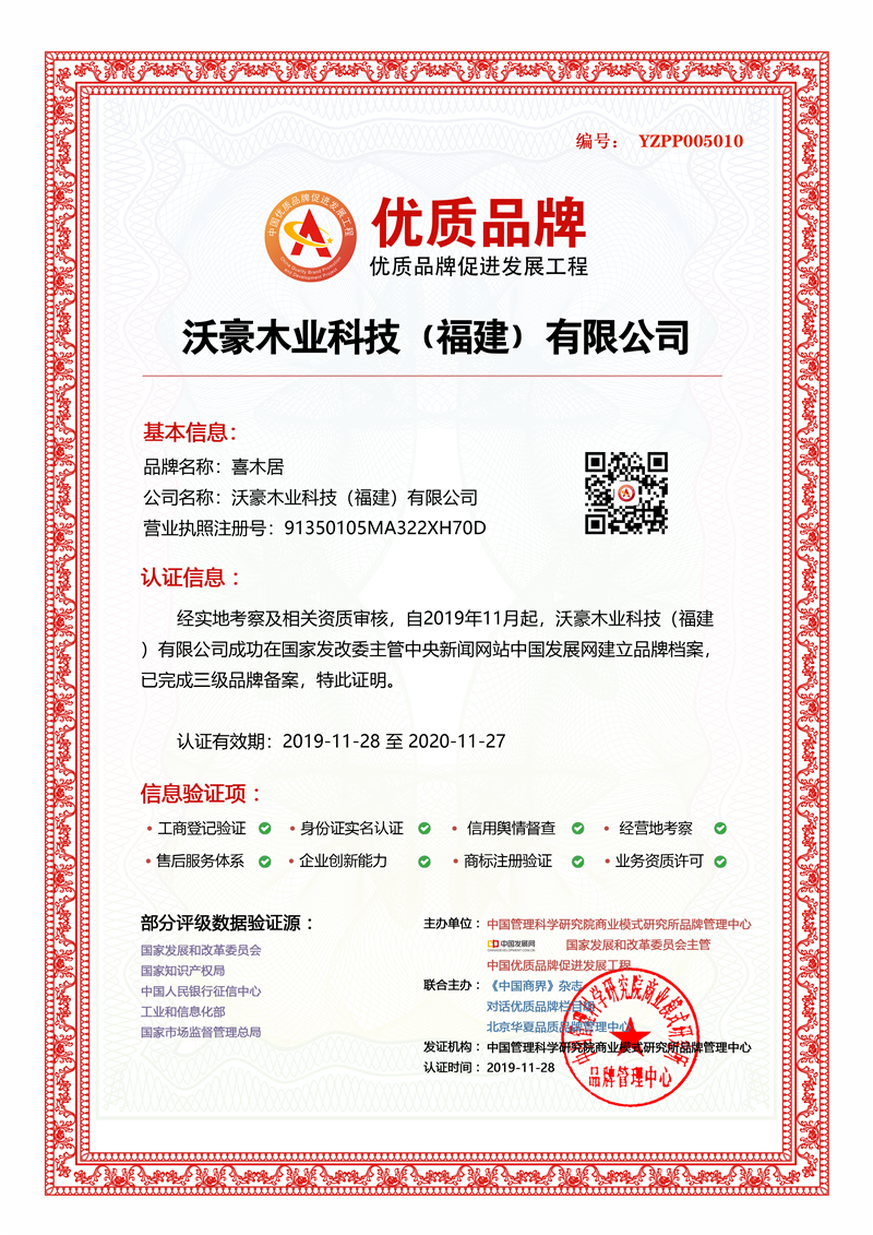 沃豪木业科技（福建）有限公司入选中国优质品牌