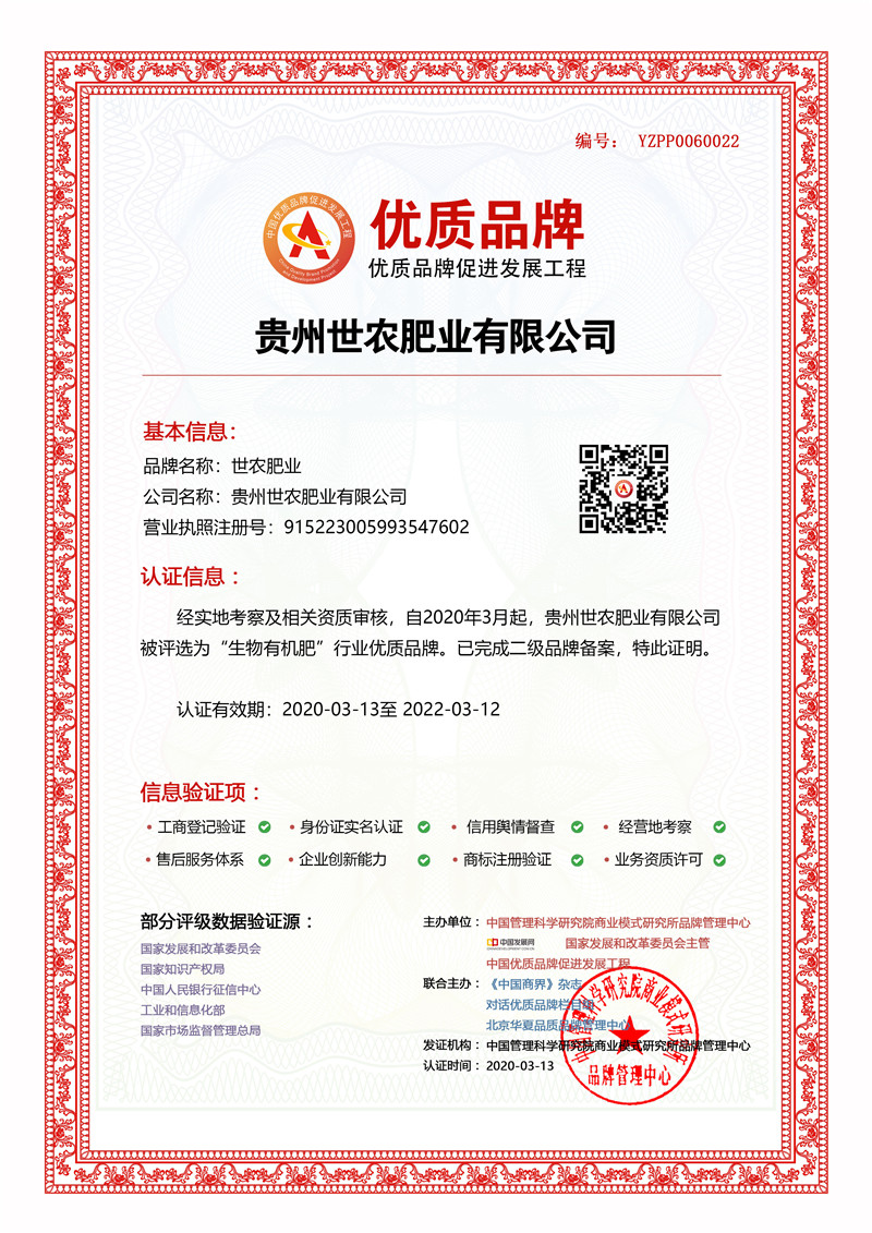 贵州世农肥业有限公司入选中国优质品牌